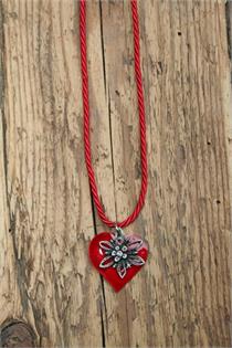 Trachtencollier mit gedrehter Kordel und Herz/Edelweissanhänger - 23 rot