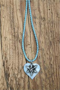 Trachtencollier mit gedrehter Kordel und Herz/Edelweissanhänger - 40 himmel