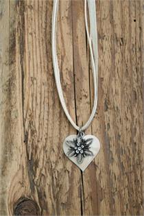 Trachtencollier mit Satin/Organzaband und Herz/Edelweissanhänger - 11 natur
