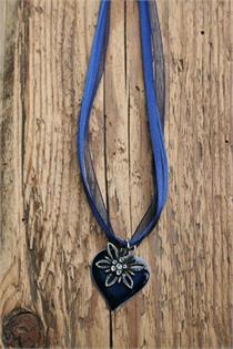 Trachtencollier mit Satin/Organzaband und Herz/Edelweissanhänger - 45 marine